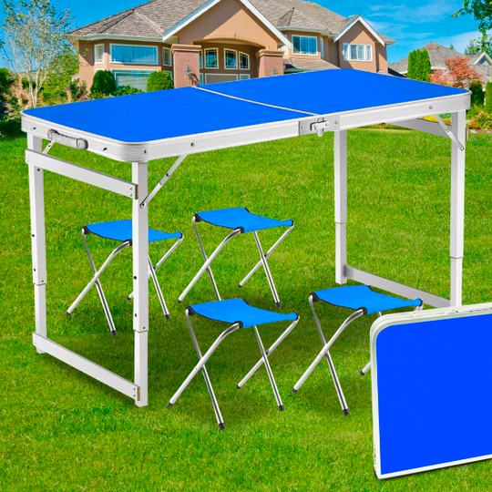 Портативний розкладний стіл для пікніка з посиленими ніжками та стільцями у валізці (4 стільці в комплекті) Синій (ARSH)