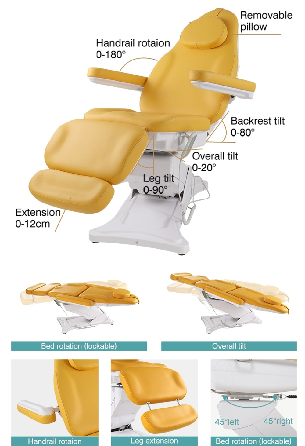 Косметологическая электрическая кушетка 8197, (4 мотора) White