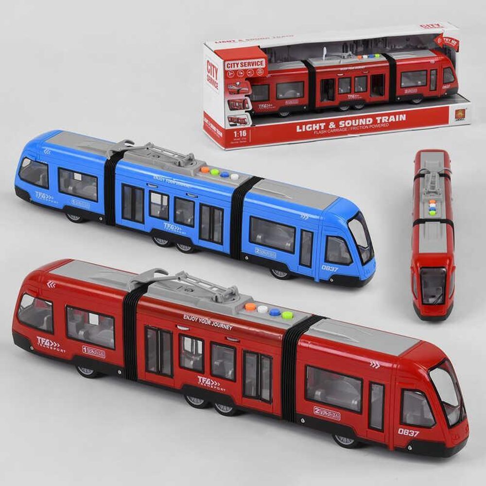 Детский игрушечный трамвай WY 930 AB (18) 2 вида, инерционный, свет, звук, в коробке/Красный, синий