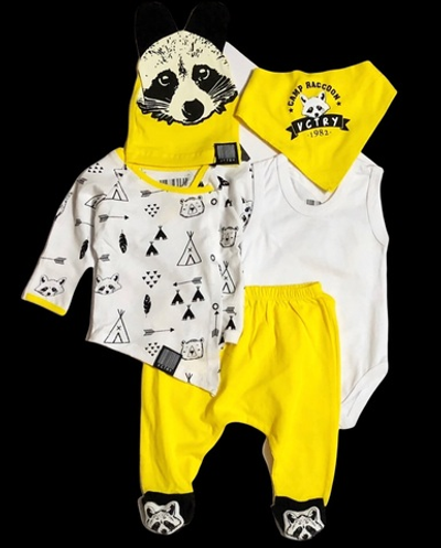 Комплект 5в1: сорочечка, повзунки, боді-майка, шапочка, слюнявчик "Єнотик", бавовна