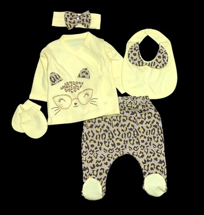 Комплект 5в1: льоля, повзунки, пов'язка, слюнявчик, царапки "Leopard", бавовна ТМ "Minizeyn" (56 см)