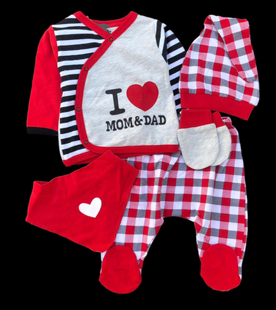 Комплект 5в1: сорочечка, повзунки, шапочка, слюнявчик, царапки "Я люблю мату і тата", бавовна (56 см)