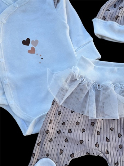 Комплект 3в1: боді з довгим рукавом, повзунки, шапочка "Серденько", інтерлок, трикотаж рубчик ТМ “Happy ТОТ”