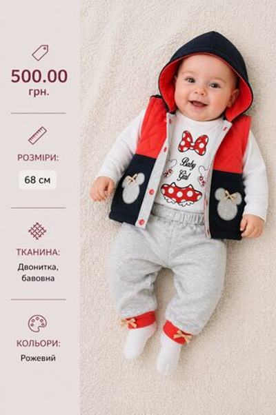 Дитячий костюм для дівчинки "Міні" жилетка трикотаж на синтепоні + реглан бавовна + штани двунитка Donino (68 см)