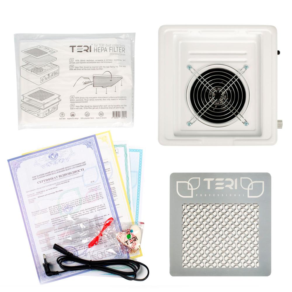 Настольная маникюрная вытяжка с HEPA фильтром Teri Turbo M, цвет черный (сетка металлик)
