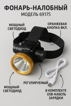 Фонарь-налобный 69175 с мощным светодиодом и USB-зарядкой