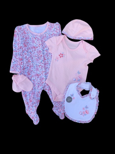 Комплект 5в1: чоловічок, боді, шапочка, царапки, слюнявчик "Квіточка", інтерлок ТМ "little nutmeg"