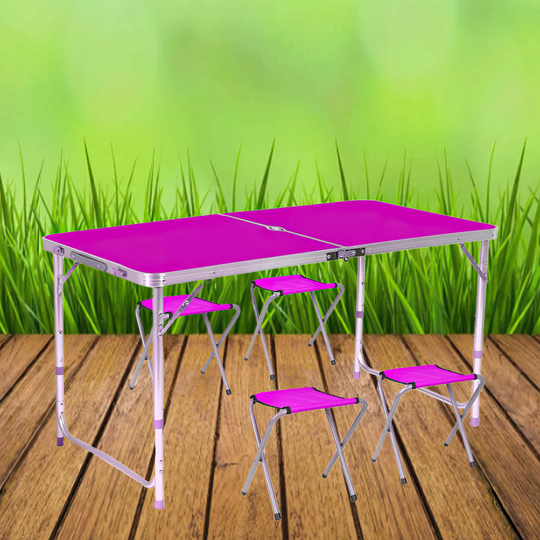 Портативний розкладний стіл для пікніка та стільцями у валізці (4 стільці в комплекті) Folding Table Рожевий