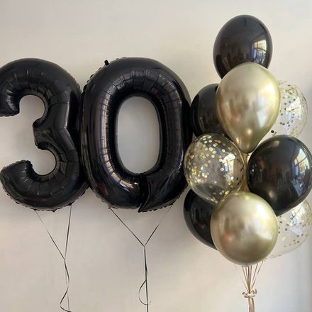 Шары на 30 лет: черные, золотые, с конфети
