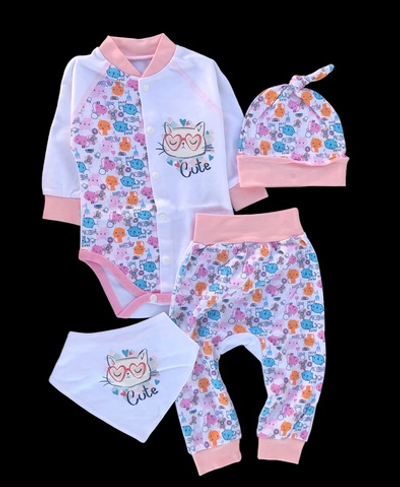 Костюм 4в1: боді довгий рукав, штани, шапочка, слюнявчик "Кицюня", інтерлок ТМ "Happy ToT" (68 см)