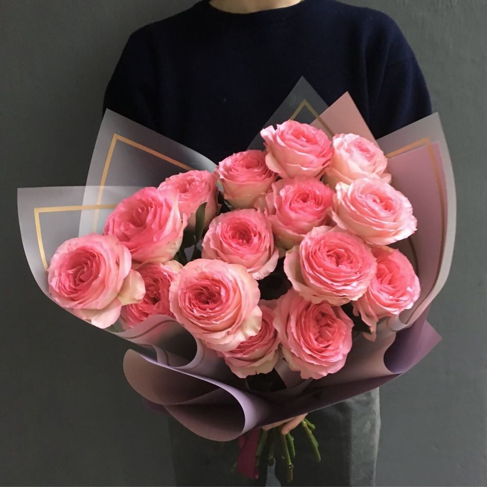 Букет з 15 піоновидних рожевих троянд Mayra Pink, Майра Пінк