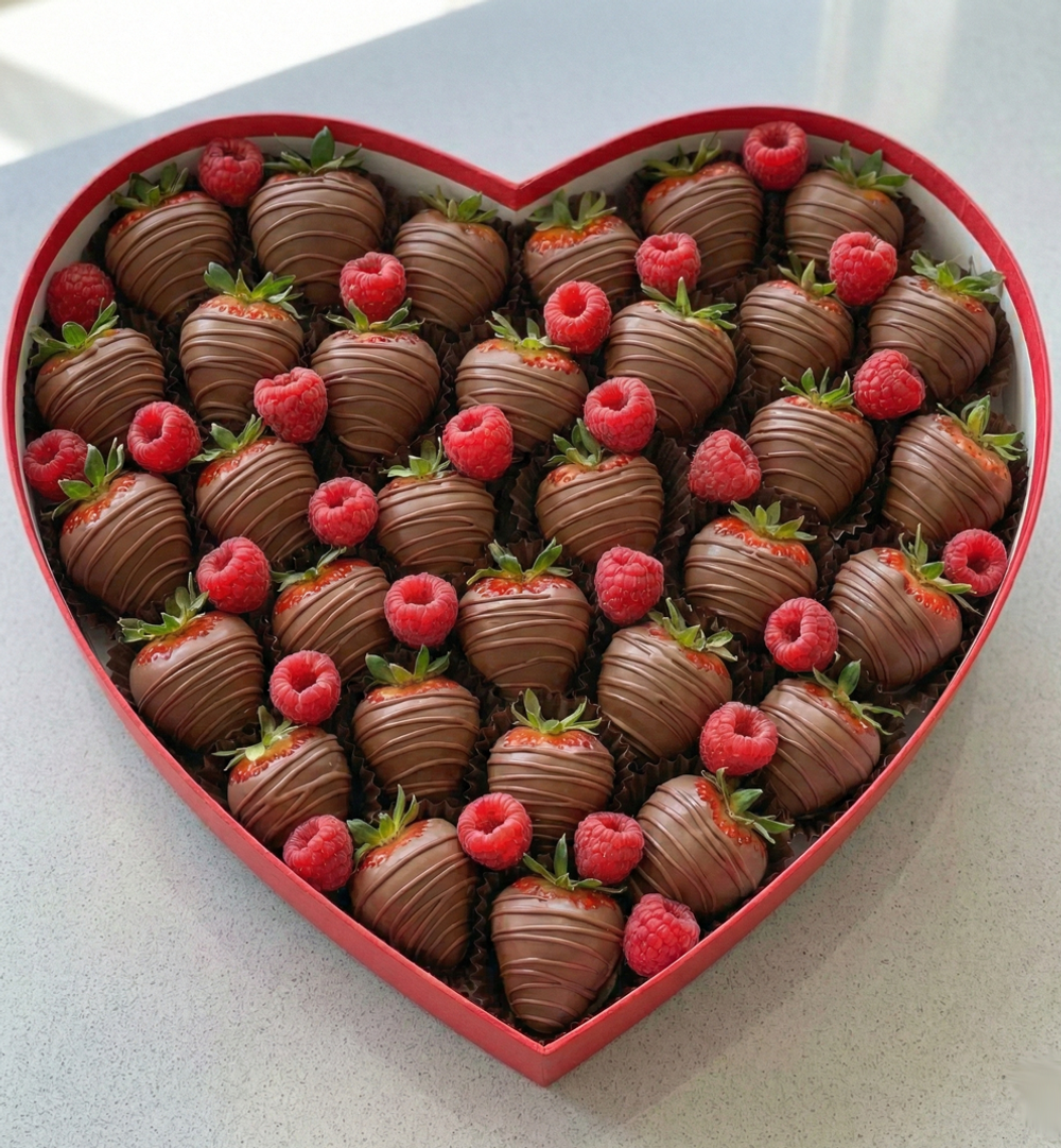 Полуниця у молочному шоколаді з малиною у коробці серце
