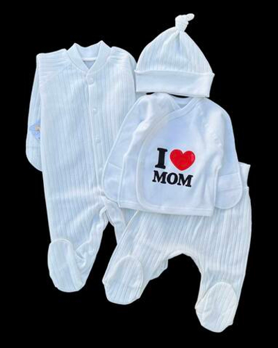 Комплект 4в1: чоловічок, сорочечка, повзунки та шапочка "I love mom", інтерлок, трикотаж рубчик ТМ "Happy ТoТ" (56 см)