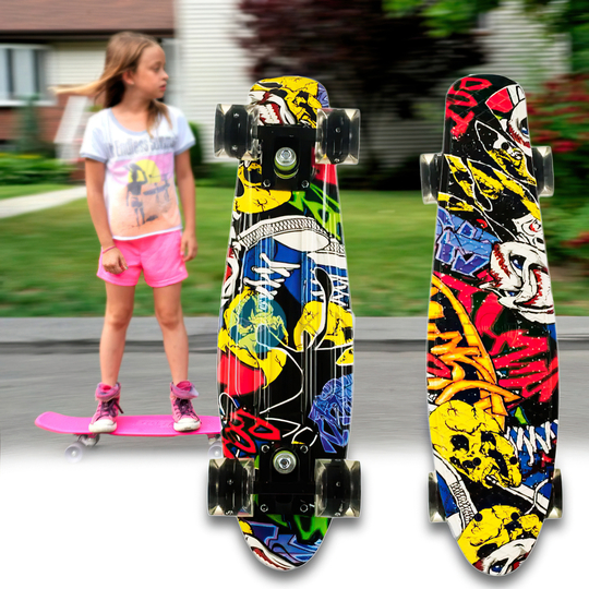 Penny Board Граффити скейт 25 см со светящимися колесами, до 80 кг двусторонняя расцветка
