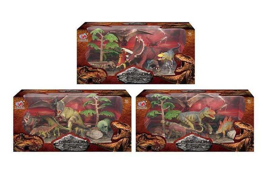 Набор динозавров Q 9899-222 (12/2) 3 вида, 9 элементов, 6 динозавров, аксессуары, в коробке