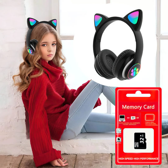 Навушники безпровідні з котячими вушками Cat VIV-23M Чорнi + КАРТА ПАМ'ЯТІ 64 gb