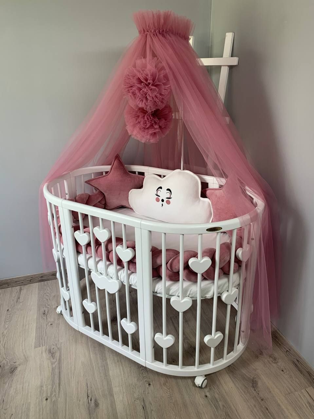Детская кроватка-трансформер Ingvart Smart Bed 9 в 1 Round (72*72) с сердечками