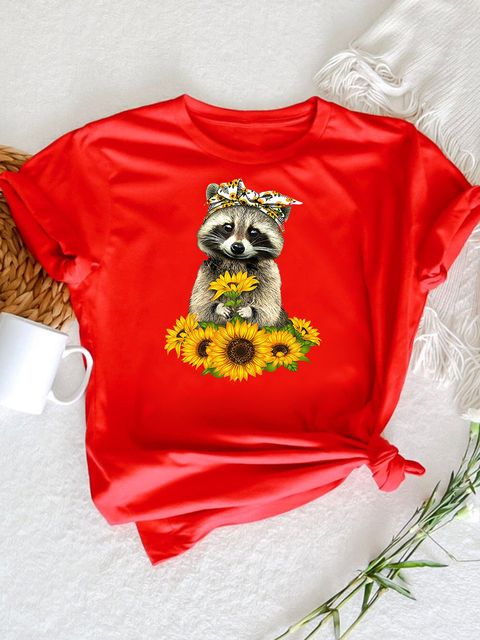 Футболка жіноча червона Raccoon in sunflowers Love&Live