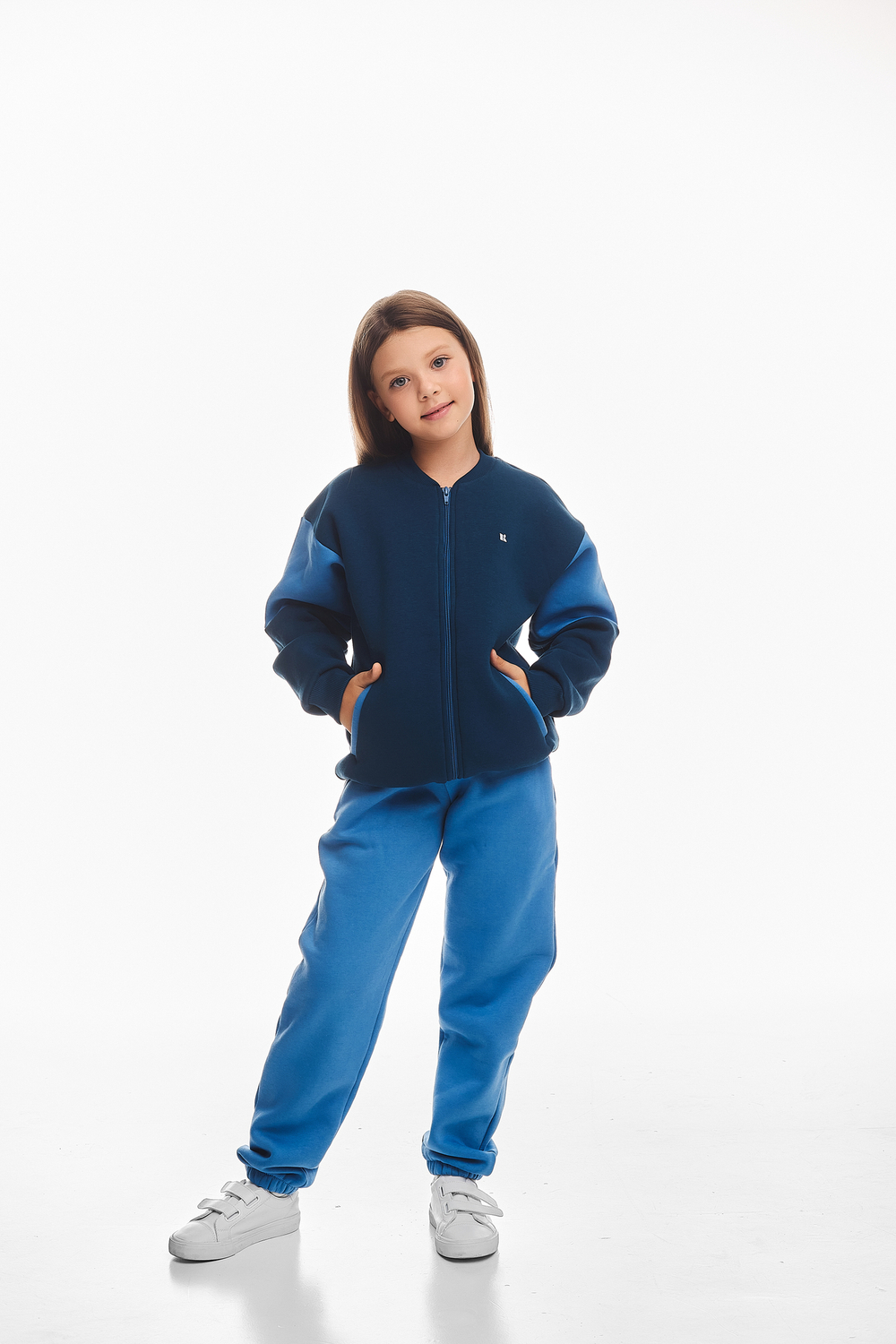 Дитячий спортивний утеплений костюм Kindamor Little Explorer Blue/Dark Blue, фліс, на змійці, для дівчинки